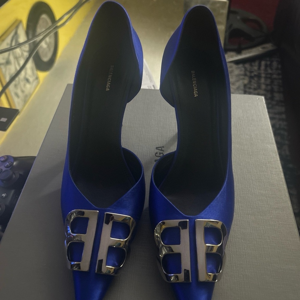 Balenciaga Royal Blue Satin Heels with Silver Accents